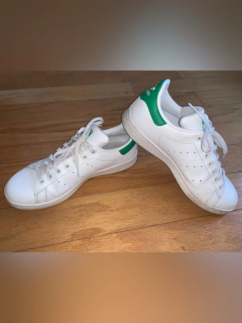 adidas Stan Smith White Sneakers with Green Heel Tab and Tongue, Women’s 7.5